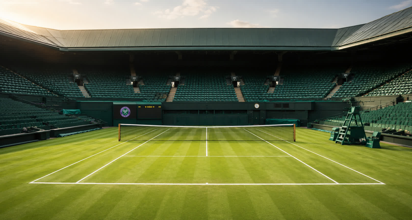 An empty grass tennis court inside a classic championship stadium at dusk
